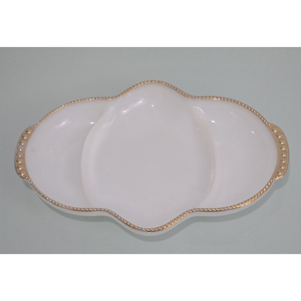 Vintage Milk Glass Chip and Dip Set Gold Beaded Edge Serving Tray Bowl White...